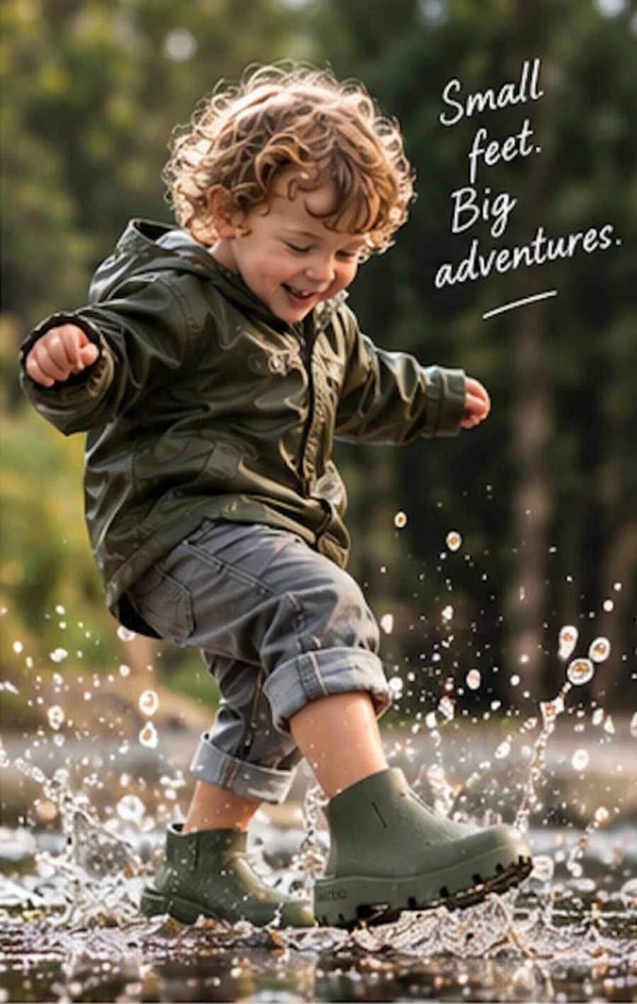 Child splashing through a puddle in the woods
